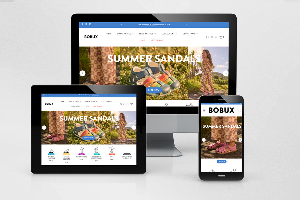 A desktop monitor, tablet, and smartphone displaying the Bobux e-commerce website on a light grey background.