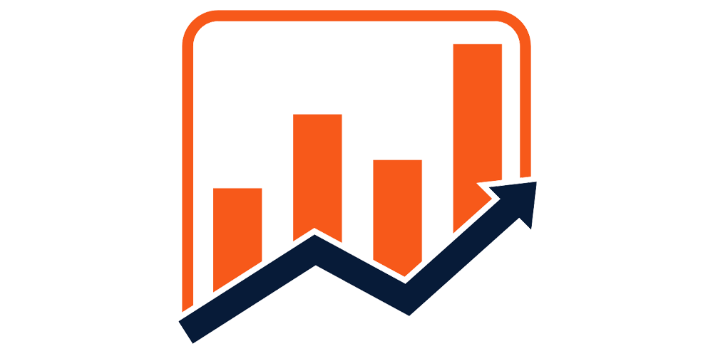 A digital vector graphic showing a series of five ascending bar charts in orange, with a solid orange diagonal line overlay, set against a plain white background.
