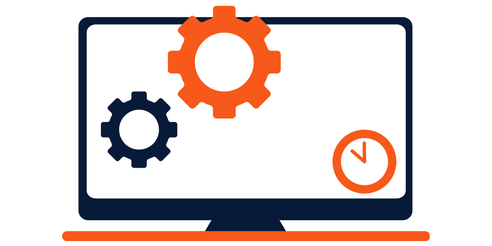 A stylised computer monitor icon with gear and clock graphics on a white screen, shown on a dark blue background with an orange horizontal bar below.