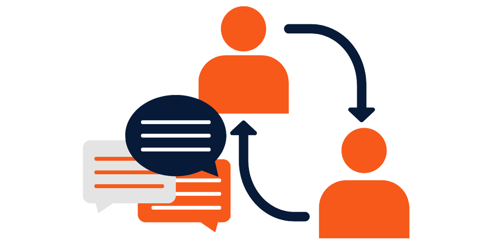 A flat vector-style illustration showing two orange person silhouettes with curved arrows between them and overlapping dark blue and orange speech bubbles on a white background.