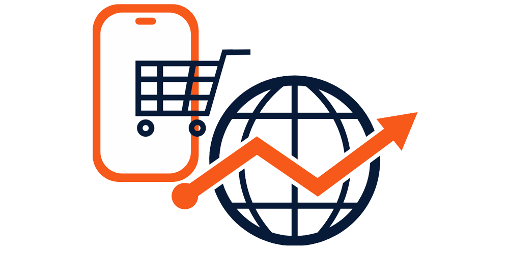 A digital graphic icon depicting e-commerce and global trade, featuring an orange shopping cart and smartphone outline, a dark blue globe, and an orange upward-trending arrow over a white background.