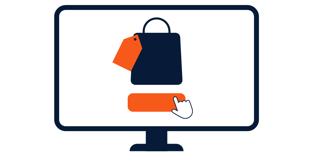 A digital graphic on a computer monitor mockup showing a black shopping bag icon with an orange tag, alongside an orange and white shopping cart icon, on a solid white background.