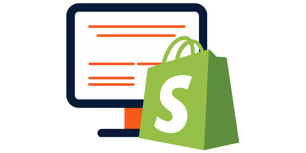 A stylised digital illustration showing a green Shopify shopping bag with a large white 'S' logo in front of a computer monitor with orange text lines, on a plain white background.